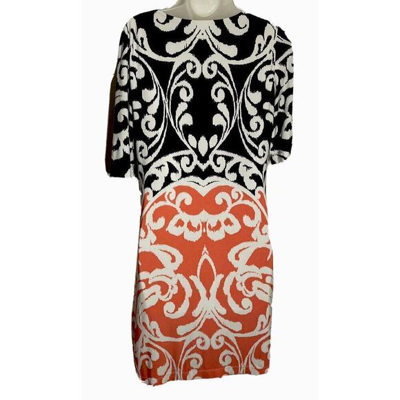 Eliza J Womens 4 Stretch Knit Sheath Dress Color Block Damask Print Black Coral - Picture 5 of 10